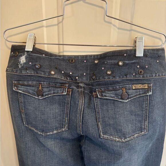 HINT Blue Flare Wide Leg Jeans with Faded Wash and bedazzling at waist - Picture 5 of 7